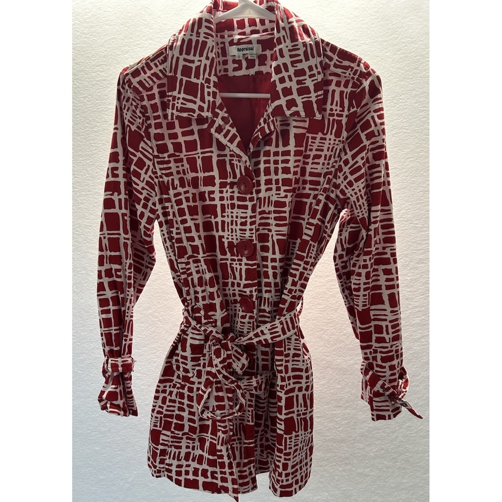 Appraisal Women's Size Small Red & White Trench Coat/Spring Coat Belted Buttons